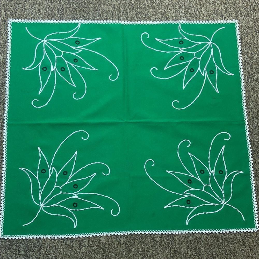 Vintage Handmade Green Decorative Tablecloth with White Embroidery